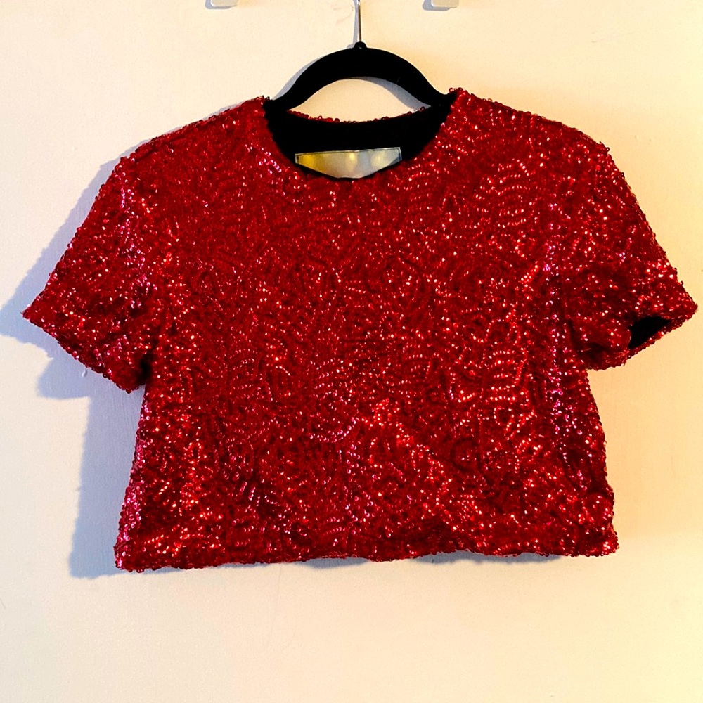 Fringe + Co red sequin crop top